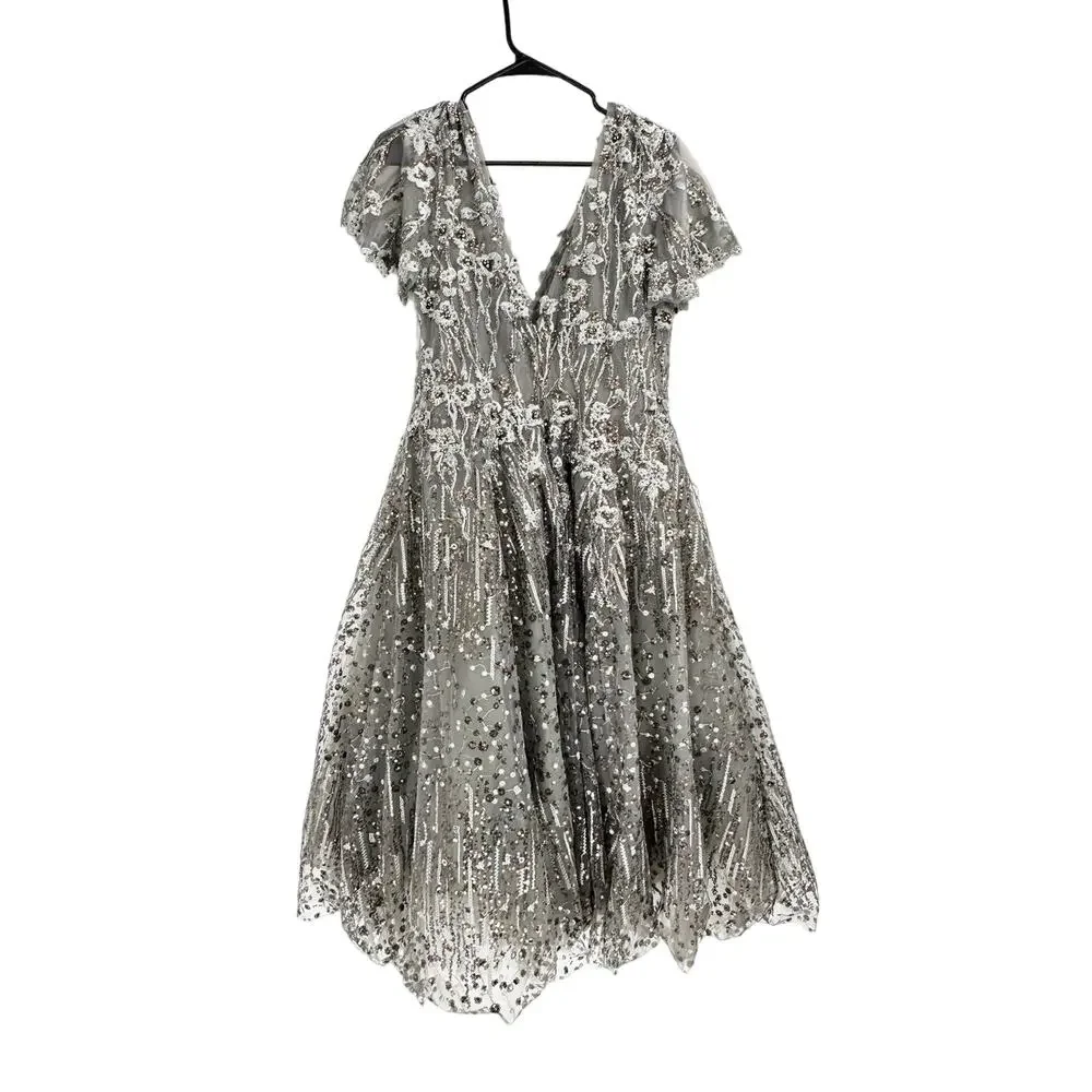 Mac‎ Duggal 20392 Gunmetal Embellished Butterfly Fit and Flare Tea-Length Dress - Picture 3 of 8